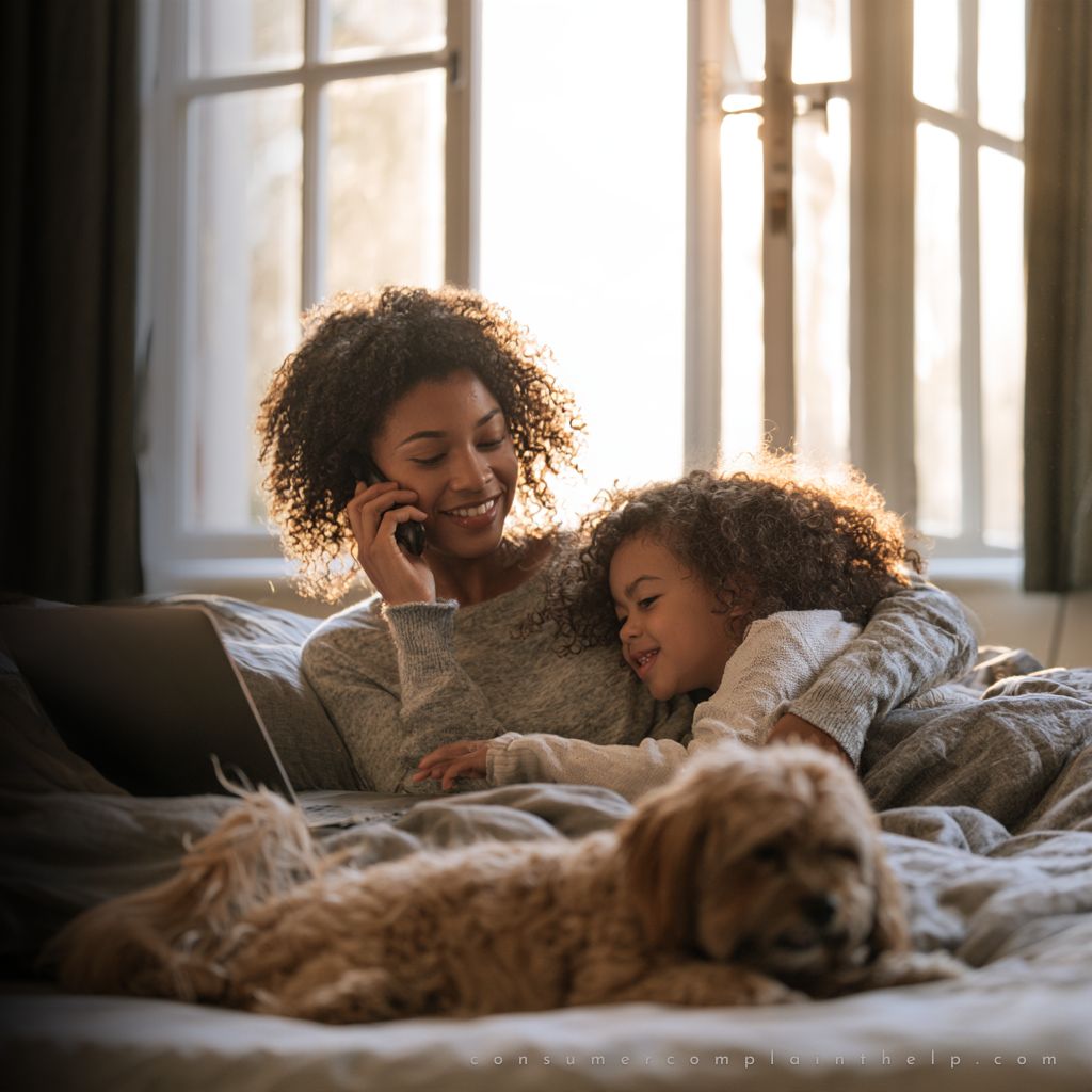A woman speaking on the phone beside a child and a dog, with a laptop nearby.