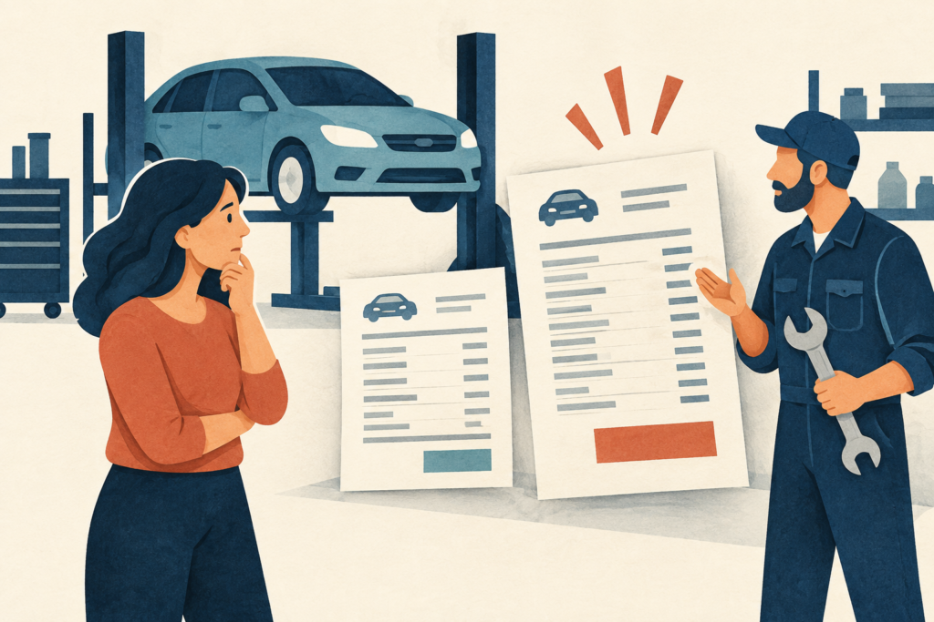 Illustration of a car, repair tools, and invoices with different totals.