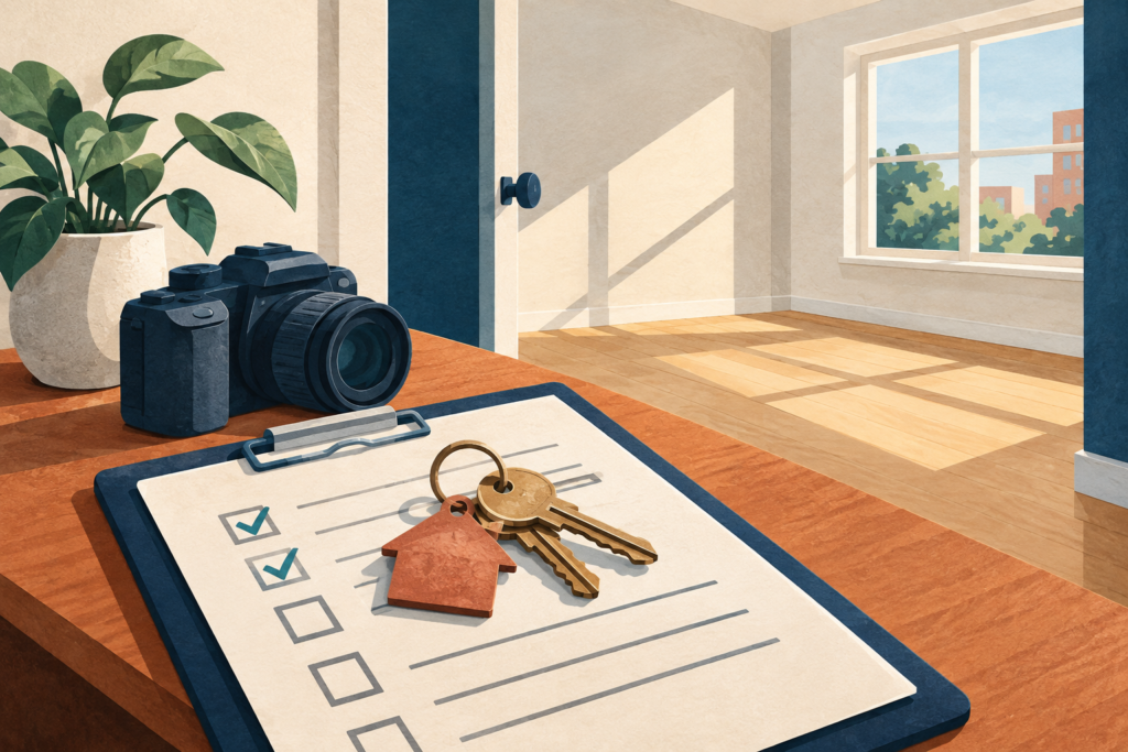 Illustration of apartment keys, inspection notes, and a camera in an empty rental.
