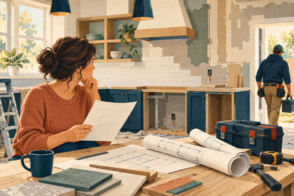 Illustration of a homeowner reviewing a contract in an unfinished kitchen.