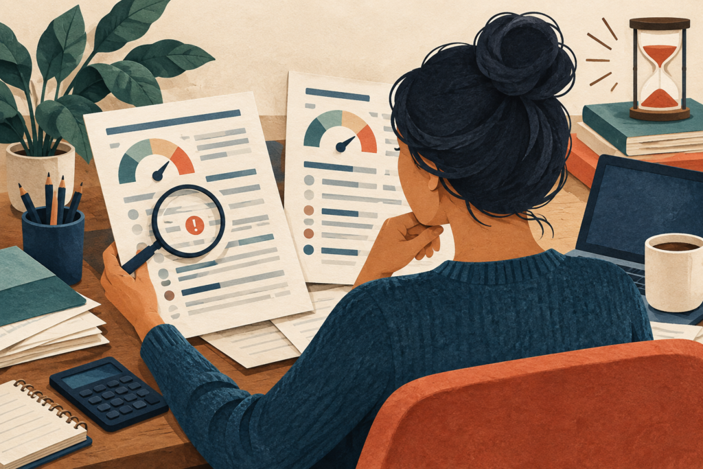 Illustration of a person comparing credit reports with a magnifying glass.