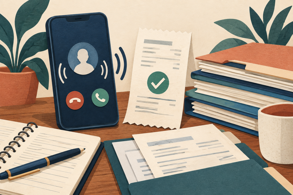 Illustration of an incoming phone call beside a paid bill and organized records.