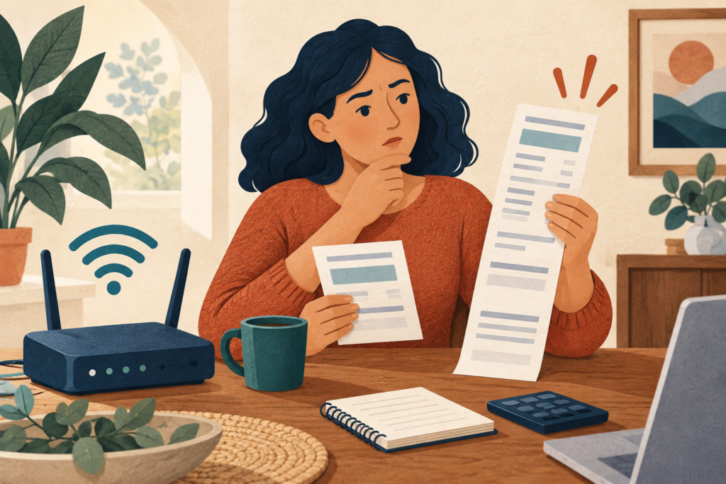 Illustration of a Wi-Fi router and a customer comparing internet bills.