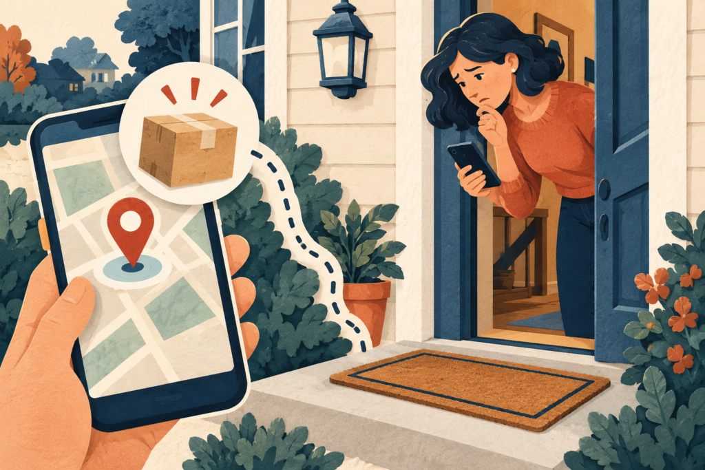 Illustration of a homeowner checking a doorstep and parcel delivery location.