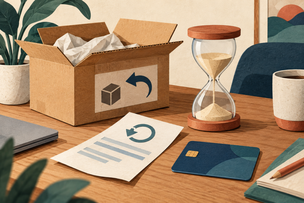 Illustration of a return parcel, receipt, payment card, and hourglass.