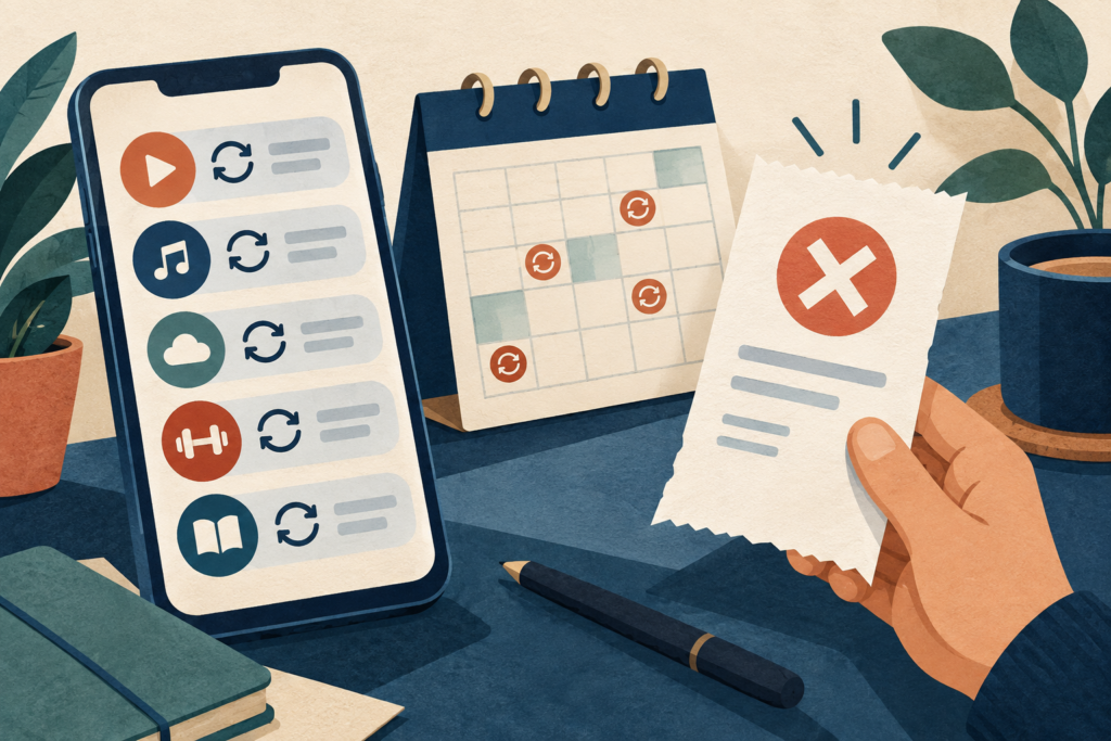 Illustration of a phone, calendar, and subscription cancellation receipt.