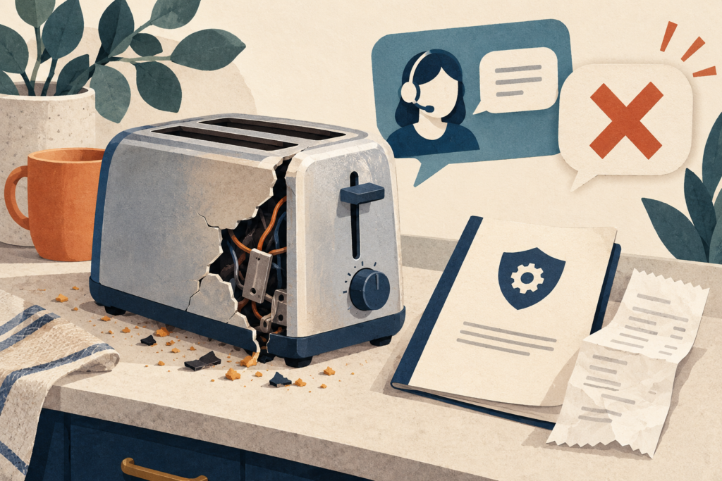 Illustration of a broken toaster beside a warranty booklet and purchase receipt.
